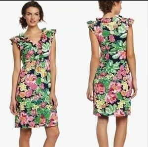 Lilly Pulitzer Clare Ruffle Neck Dress Silk Cotton Knit Navy Floral Women's L